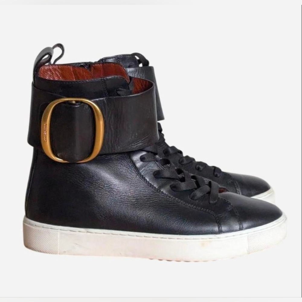 See By Chloe Benares Black leather high top sneakers with zipper & gold buckle